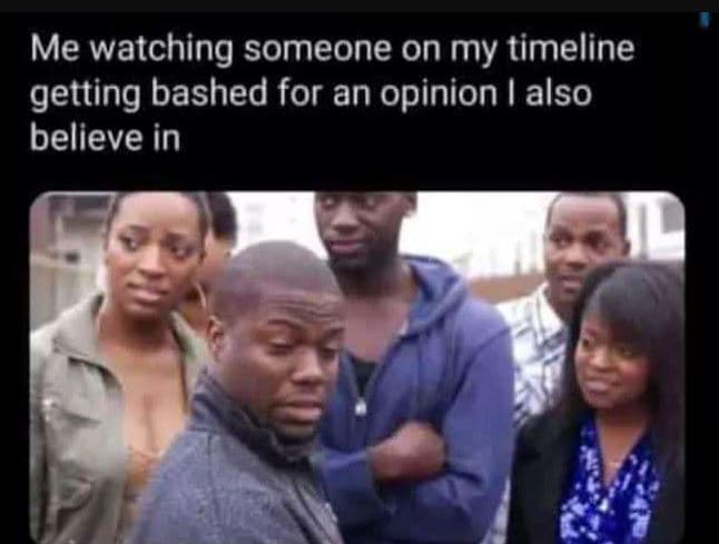 Me watching someone on my timeline getting bashed for an opinion also believe in
