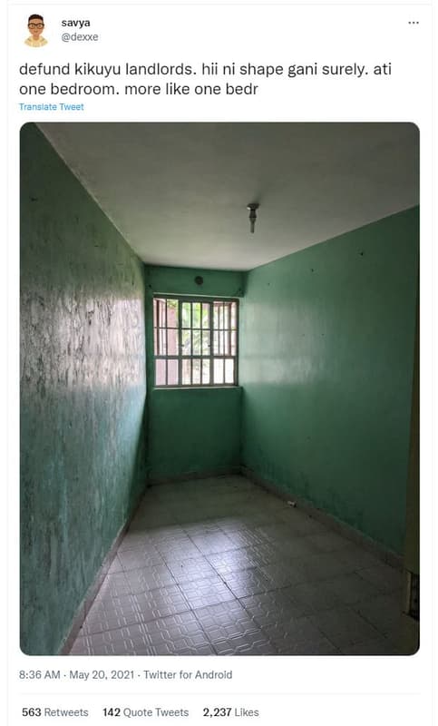 Savya dexxe defund kikuyu landlords. hii ni shape gani surely. ati one bedroom.
