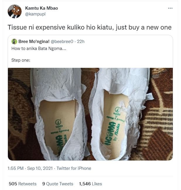Kamtu ka mbao kampupi tissue ni expensive kuliko hio kiatu, just buy a new one b