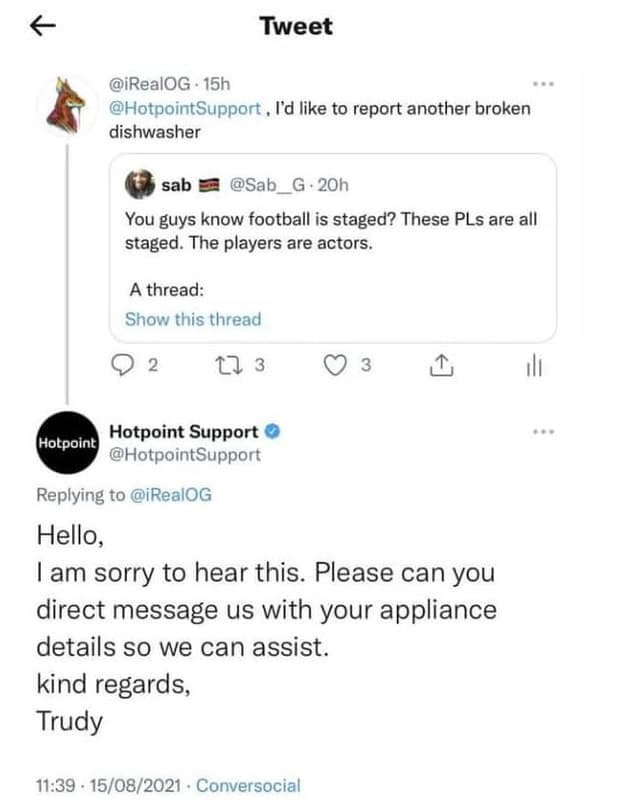 Tweet irealog 15h hotpointsupport id like to report another broken dishwasher sa
