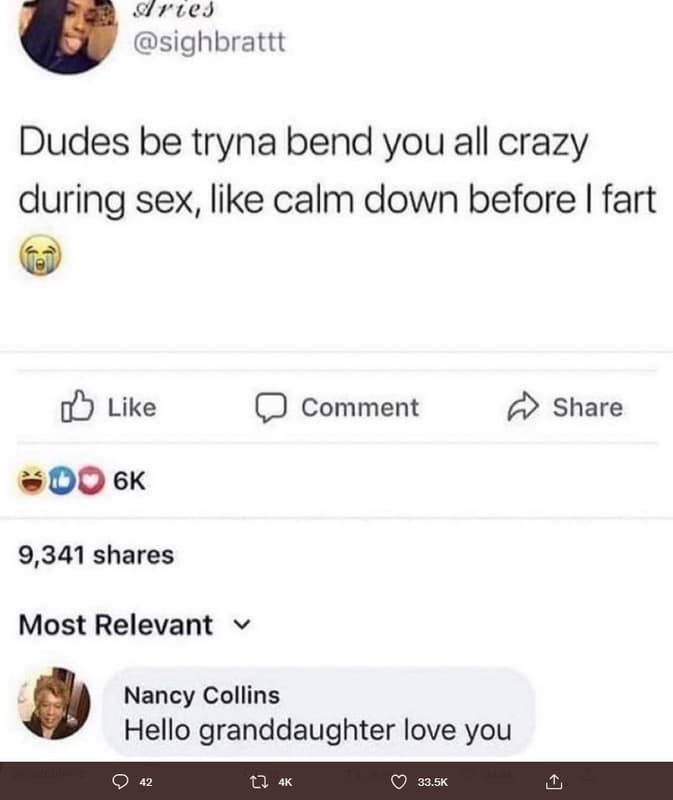 Sre3 sighbrattt dudes be tryna bend you all crazy during sex, like calm down bef