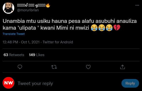 Dbeej eel 9ueul moruribrian unambia mtu usiku hauna pesa alafu asubuhi anauliza