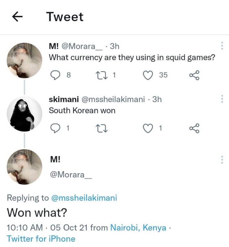Tweet m! morara 3h what currency are they using in squid games? 8 27 35 skimani