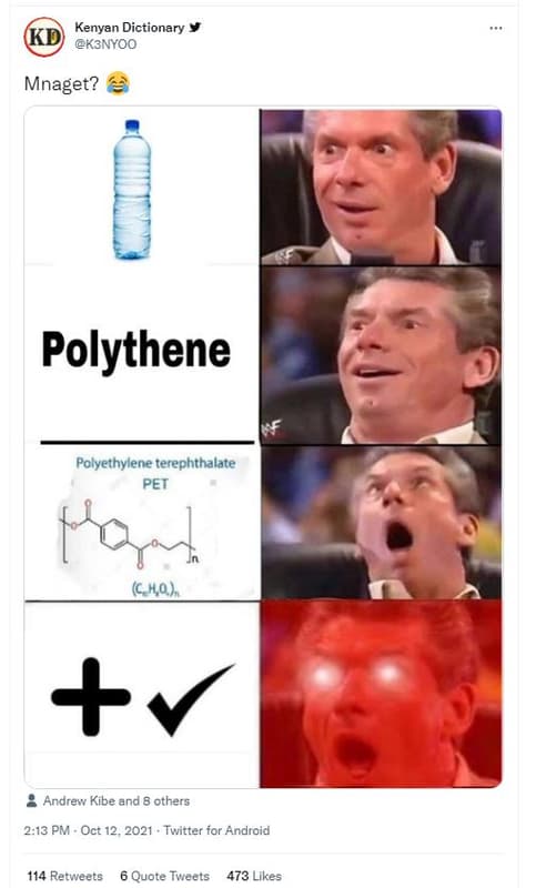 Kenyan dictionary k3nyoo mnaget? polythene polyethylene terephthalate pet ch,0 n