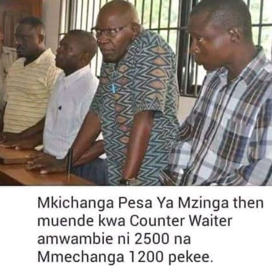 Mkichanga pesa ya mzinga then muende kwa counter waiter amwambie ni na mmechanga
