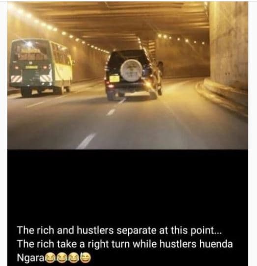 The rich and hustlers separate at this point. the rich take a right turn while h