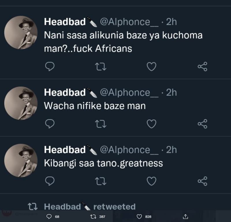Headbad alphonce_ 2h nani sasa alikunia baze ya kuchoma man?. fuck africans 17 h