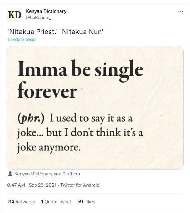 Kenyan dictionary kd labeaste 'nitakua priest. nitakua nun' translate tweer imma