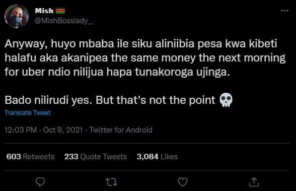 Mish mishbosslady anyway, huyo mbaba ile siku aliniibia pesa kwa kibeti halafu a