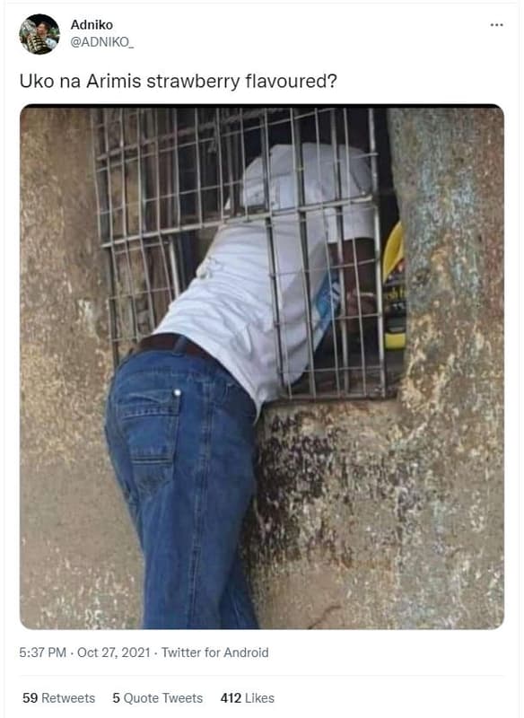 Adniko adniko uko na arimis strawberry flavoured? 5.37 pm oct 27, twitter for an