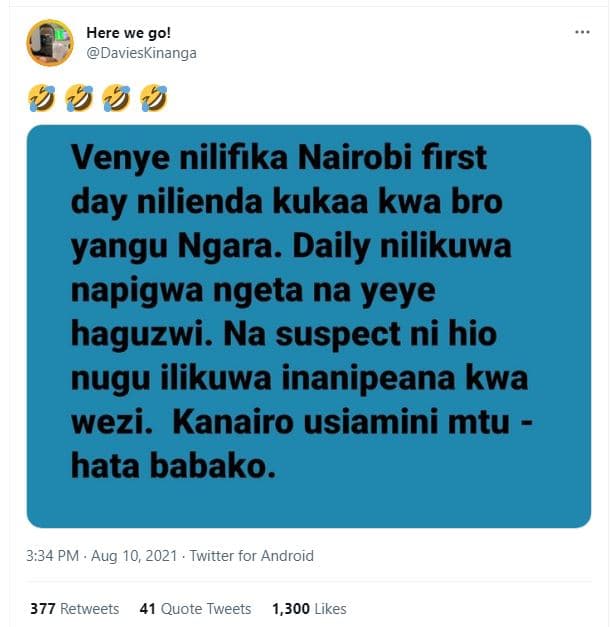 Here we go! davieskinanga 3 3 9 venye nilifika nairobi first day nilienda kukaa