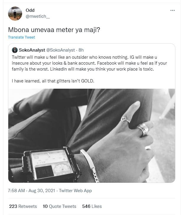 Odd mwetich mbona umevaa meter ya maji? translate tweet sokoanalyst sokoanalyst