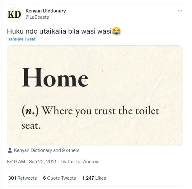 Kenyan dictionary kd labeaste huku ndo utaikalia bila wasi wasi translate tweet