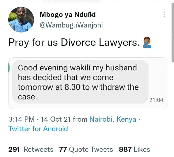 Mbogo ya nduiki wambuguwanjohi pray for us divorce lawyers . good evening wakili