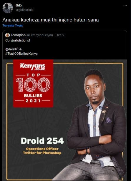 Gidi gidikariuki anakaa kucheza mugithi ingine hatari sana tranalate tveet lemay