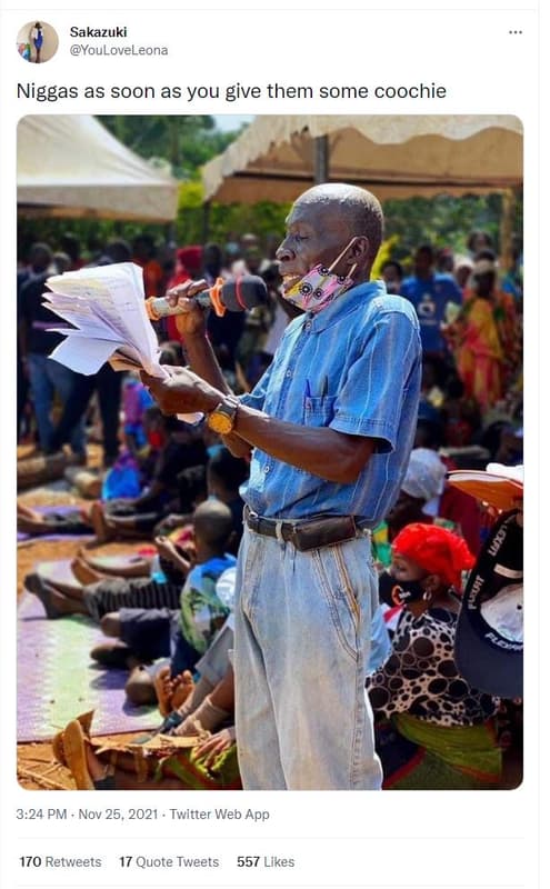 Sakazuki youloveleona niggas as soon as you give them some coochie 3.24 pm nov 2