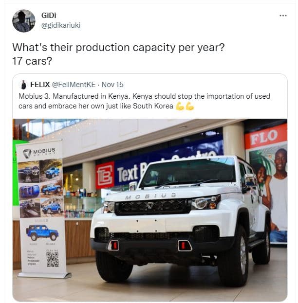 Gidi gidikariuki what's their production capacity per year? 17 cars? felix fellm