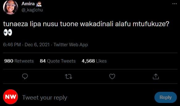 Amira _kagichu tunaeza lipa nusu tuone wakadinali alafu mtufukuze? 6.46 pm . dec