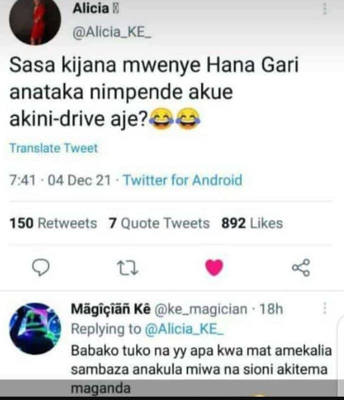 Alicia alicia_ke sasa kijana mwenye hana gari anataka nimpende akue akinidrive a