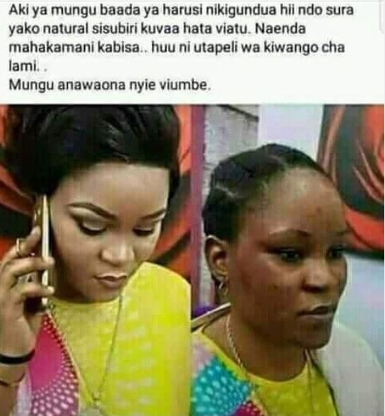 Aki ya mungu baada ya harusl nikigundua hli ndo sura yako natural sisubiri kuvaa