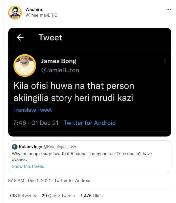 Wachira . thee_maveric tweet james bong jamiebuton kila ofisi huwa na that perso