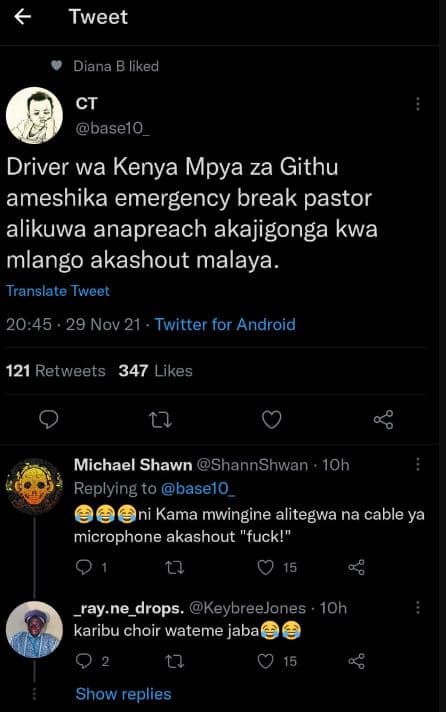 Tweet diana b liked ct base1o _ driver wa kenya mpya za githu ameshika emergency