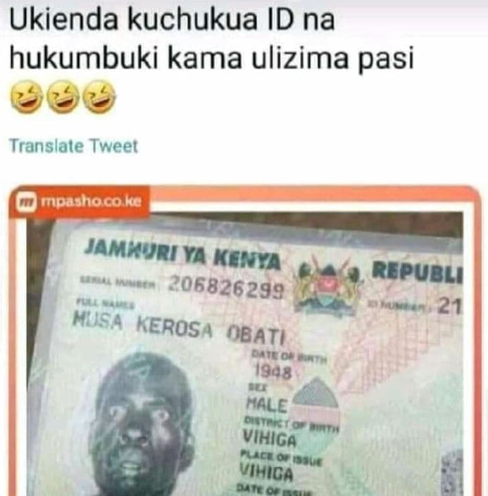Ukienda kuchukua id na hukumbuki kama ulizima pasi translale tweet imipashocoka