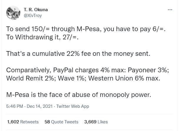 T.r. okuna xivtroy to send 150 through mpesa, you have to pay 6 to withdrawing i