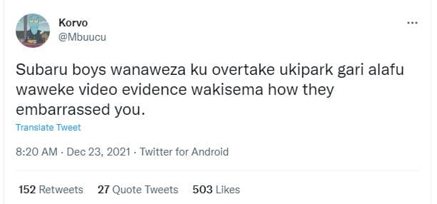 Korvo mbuucu subaru boys wanaweza ku overtake ukipark gari alafu waweke video ev