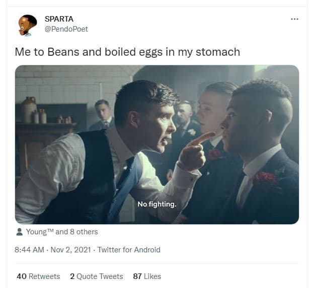 Sparta pendopoet me to beans and boiled eggs in my stomach no fighting young and