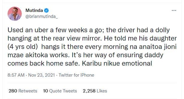 Mutinda brianmutinda used an uber a few weeks a go the driver had a dolly hangin