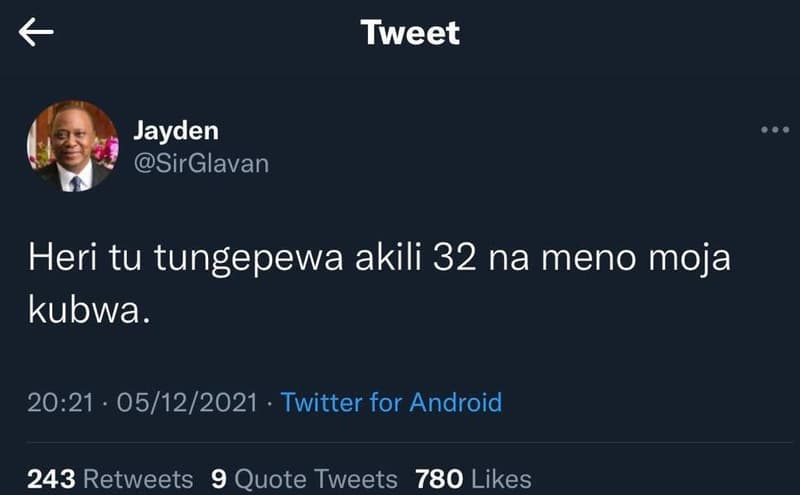 Tweet jayden sirglavan heri tu tungepewa akili 32 na meno moja kubwa. 20.21 0512