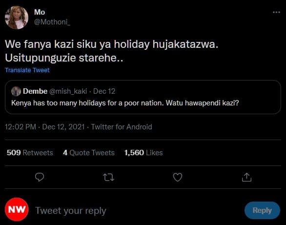 Mo mothoni _ we fanya kazi siku ya holiday hujakatazwa_ usitupunguzie starehe_ t