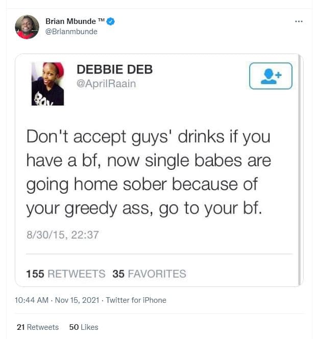 Brian mbunde brianmbunde debbie deb aprilraain don't accept guys drinks if you h