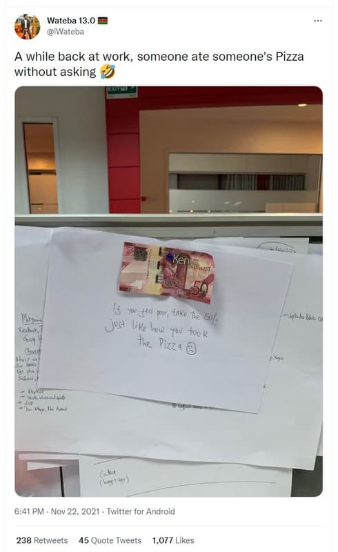 Wateba 13.0 iwateba while back at work, someone ate someone's pizza without aski