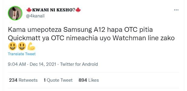 Kwani ni kesho? 4kanali kama umepoteza samsung a12 hapa otc pitia quickmatt ya o