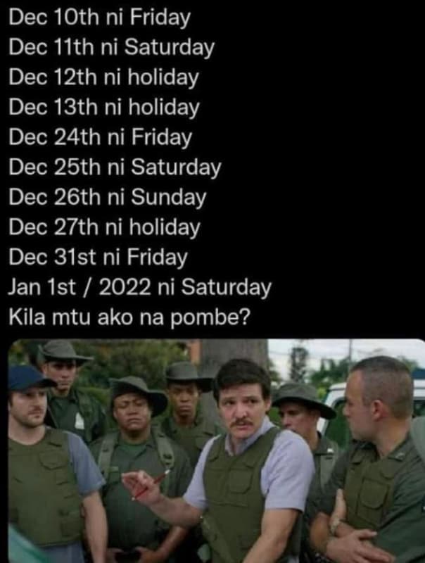 Dec 1oth ni friday dec 11th ni saturday dec 12th ni holiday dec 13th ni holiday