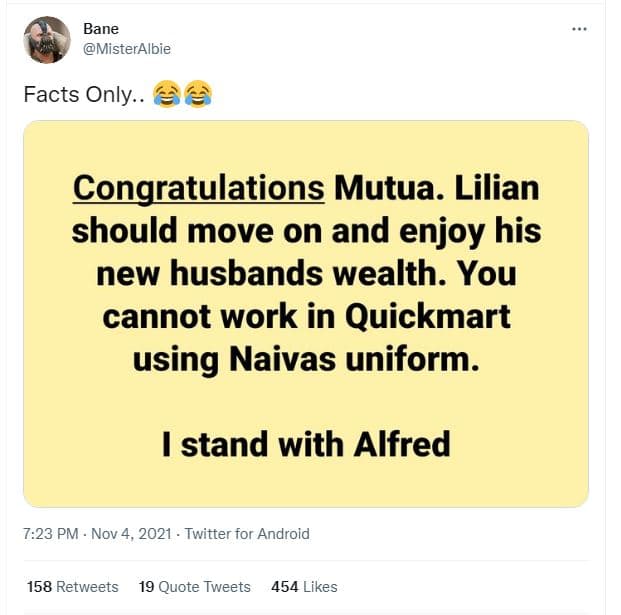 Bane misteralbie facts only.. congratulations mutua. lilian should move on and e