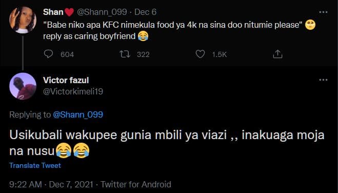 Shan shann_099 dec 6 babe niko apa kfc nimekula food ya 4k na sina doo nitumie p