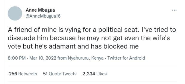 Anne mbugua annembugua16 friend of mine is vying for a political seat. i've trie