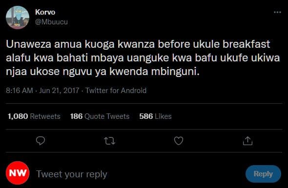 Korvo mbuucu unaweza amua kuoga kwanza before ukule breakfast alafu kwa bahati m