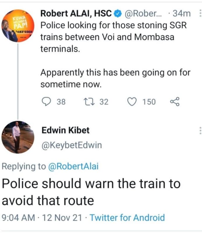 Kuwa pap robert alai, hsc rober_ 34m police looking for those stoning sgr trains