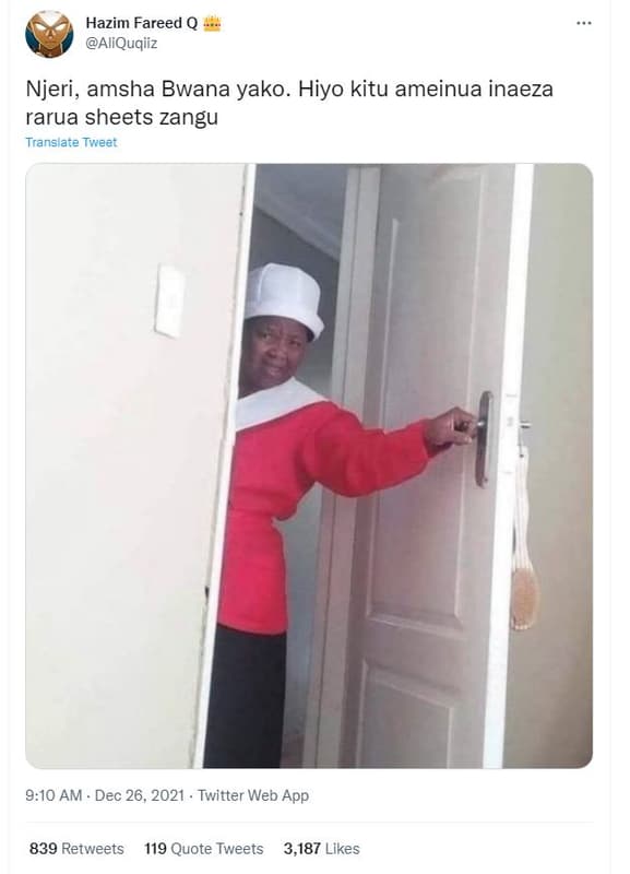 Hazim fareed q aliquqiiz njeri, amsha bwana yako. hiyo kitu ameinua inaeza rarua