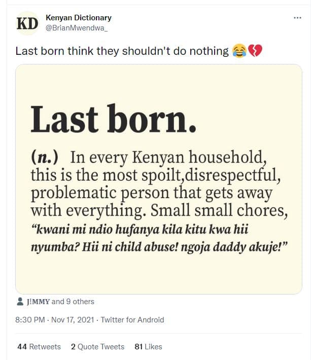 Kenyan dictionary kd brianmwendwa _ last born think they shouldn't do nothing la