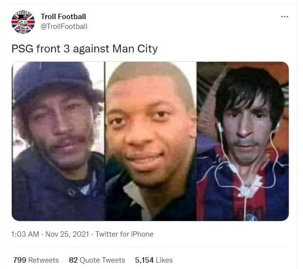 Troll football trollfootball psg front 3 against man city 1.03 am nov 25, twitte