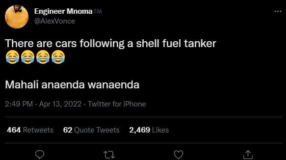 Engineer mnoma alexvonce there are cars following a shell fuel tanker mahali ana
