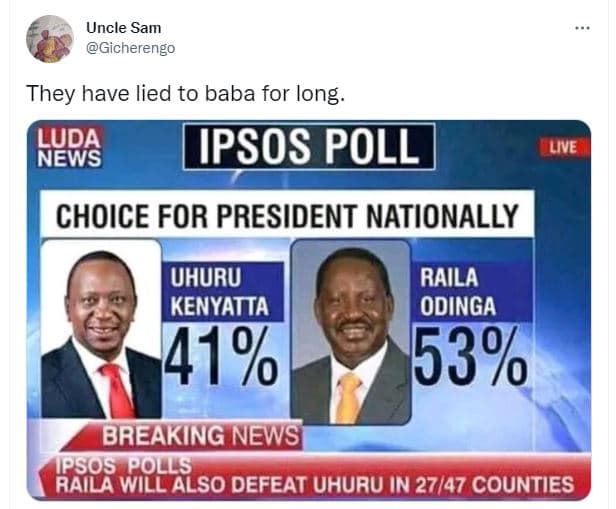 Uncle sam gicherengo they have lied to baba for long keps ipsos poll uve choice