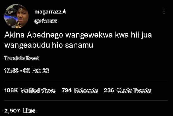 Magarrazz fdazz akina abednego wangewekwa kwa hii jua wangeabudu hio sanamu tnan