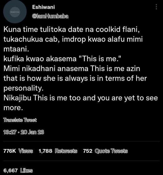 Eshiwani anhumbaba kuna time tulitoka date na coolkid flani_ tukachukua cab, imd