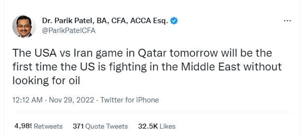 Dr. parik patel, ba, cfa, acca esq parikpatelcfa the usa vs iran game in qatar t